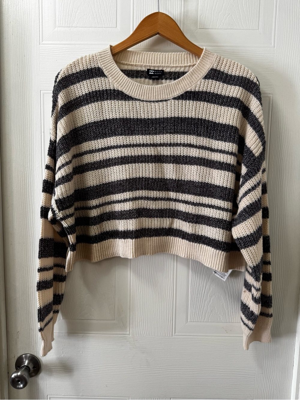 Billabong Cream & Black Striped Cropped Crew Sweater